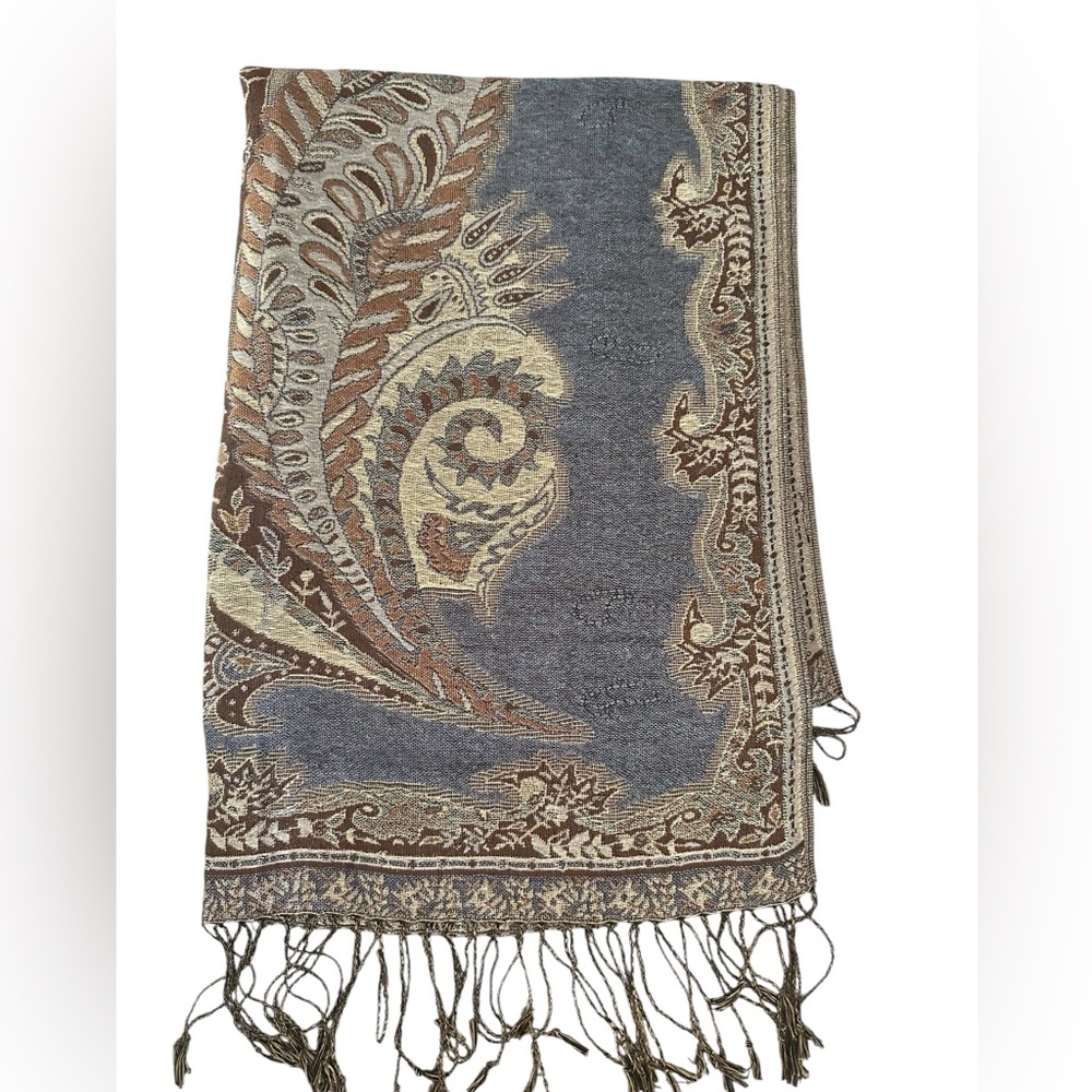 Woven Pashmina-Like Scarf Brown and Tan Paisley woven Tasseled